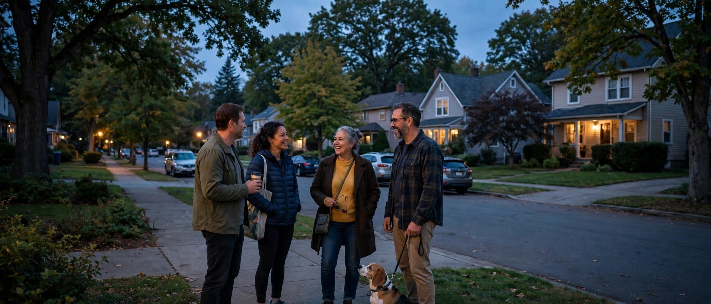 Neighbours talking on a suburban street in the evening