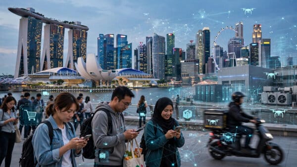 Singapore skyline and digital shoppers illustrating Southeast Asia digital economy growth to $368 billion