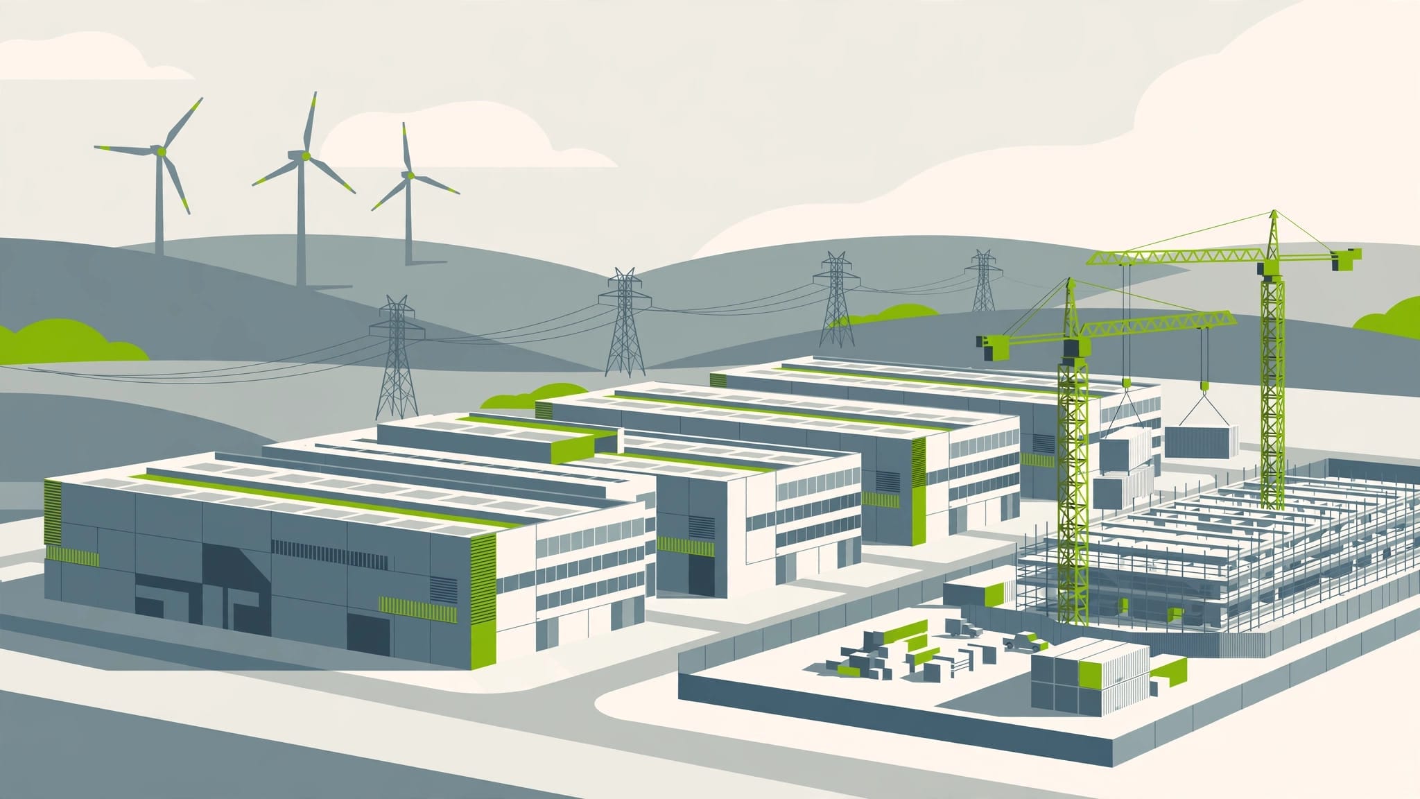 Illustration of a European data centre under construction with wind turbines, representing sovereign AI infrastructure in Europe