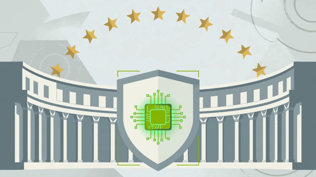 Illustration of a European parliament building with a shield holding an AI chip, representing Europe's sovereign AI bet on Mistral