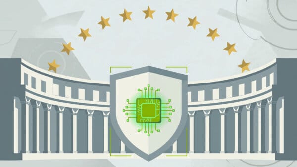Illustration of a European parliament building with a shield holding an AI chip, representing Europe's sovereign AI bet on Mistral