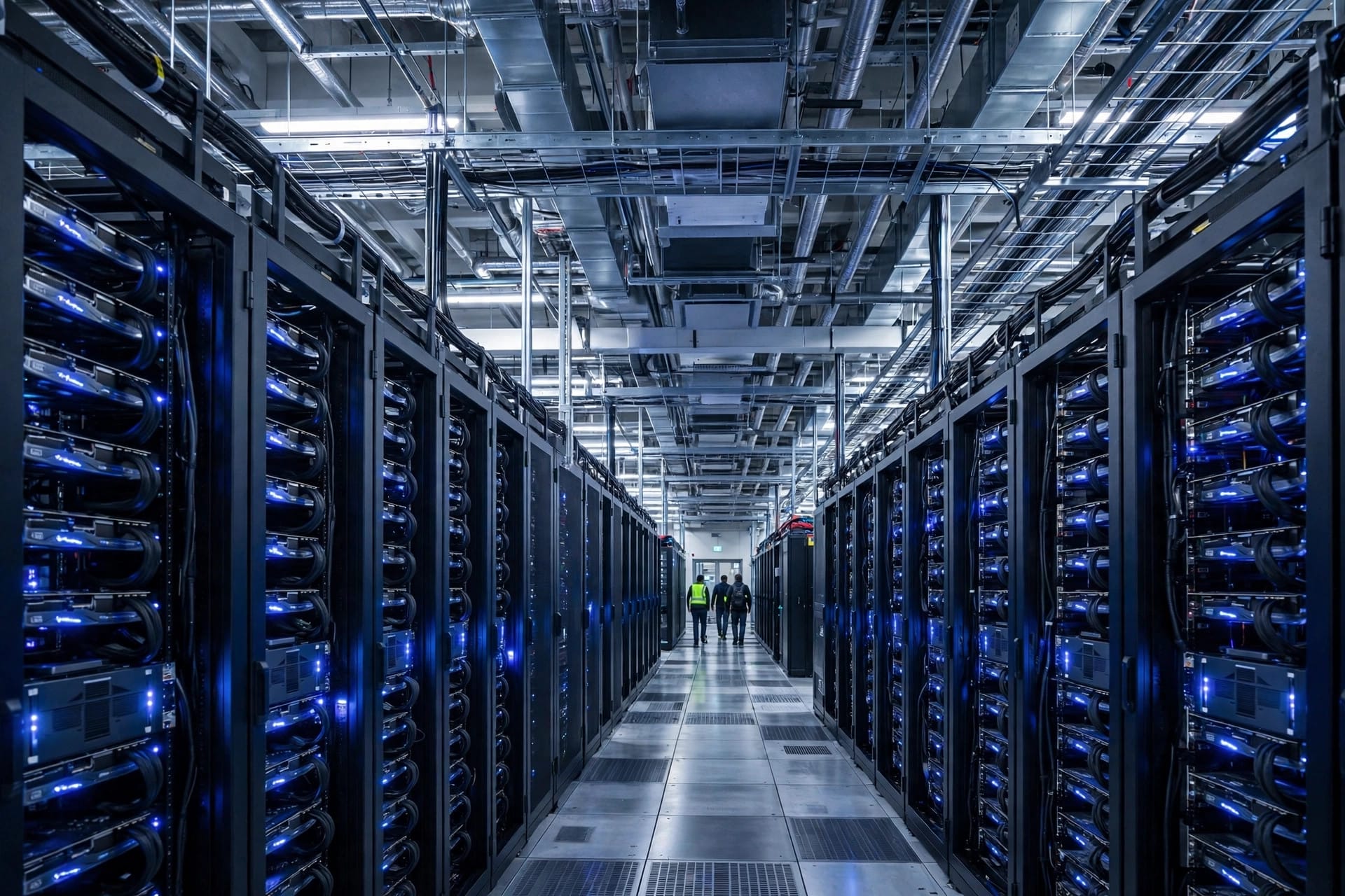 Rows of AI server racks with blue indicator lights inside a large modern data centre, illustrating leased AI chip capacity