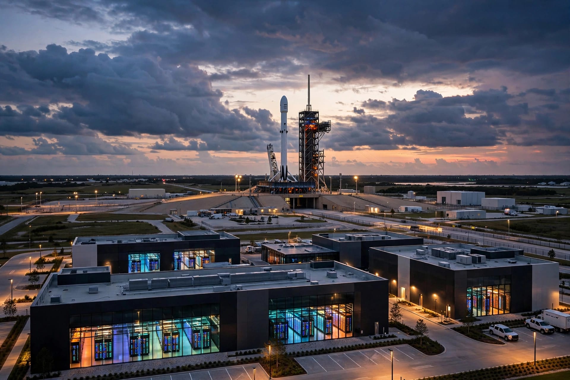 A SpaceX rocket on a launch pad at dusk beside modern data centre buildings with glowing server halls, illustrating the Apollo AI chip lease