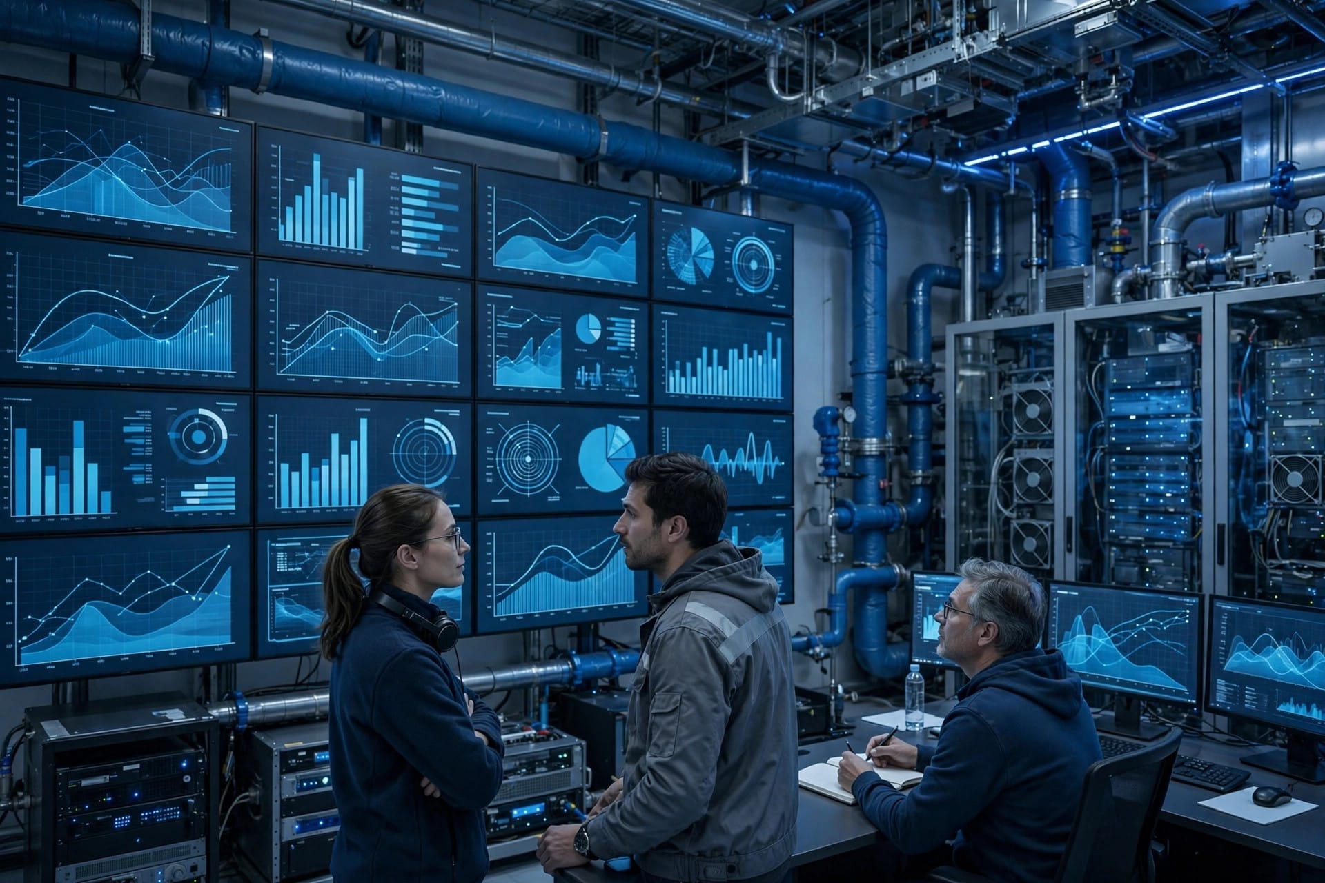 Engineers monitoring AI compute capacity and cooling inside a SpaceX Super Intelligence data centre control room