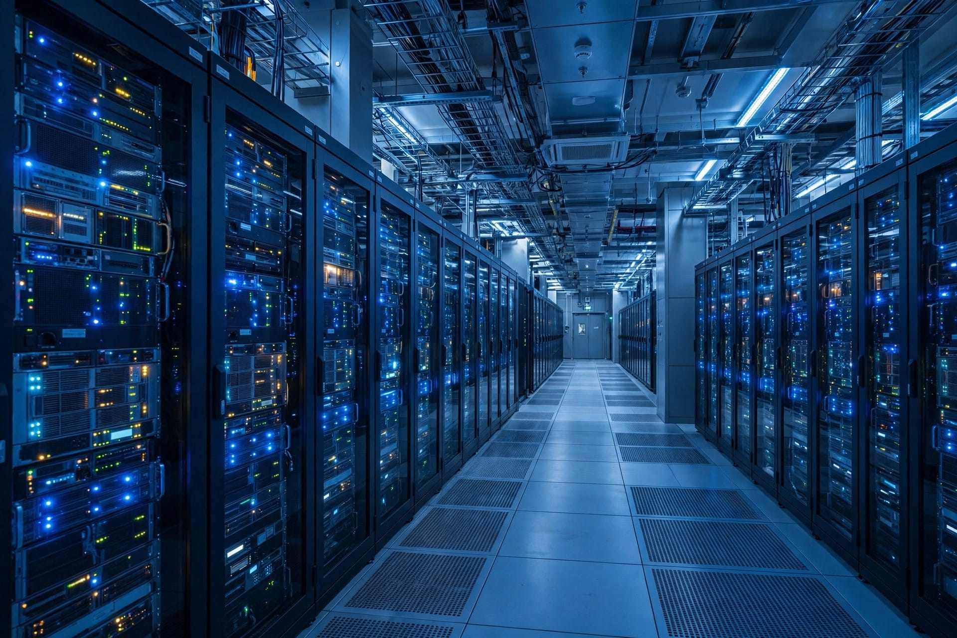 Server racks inside a modern data centre hall