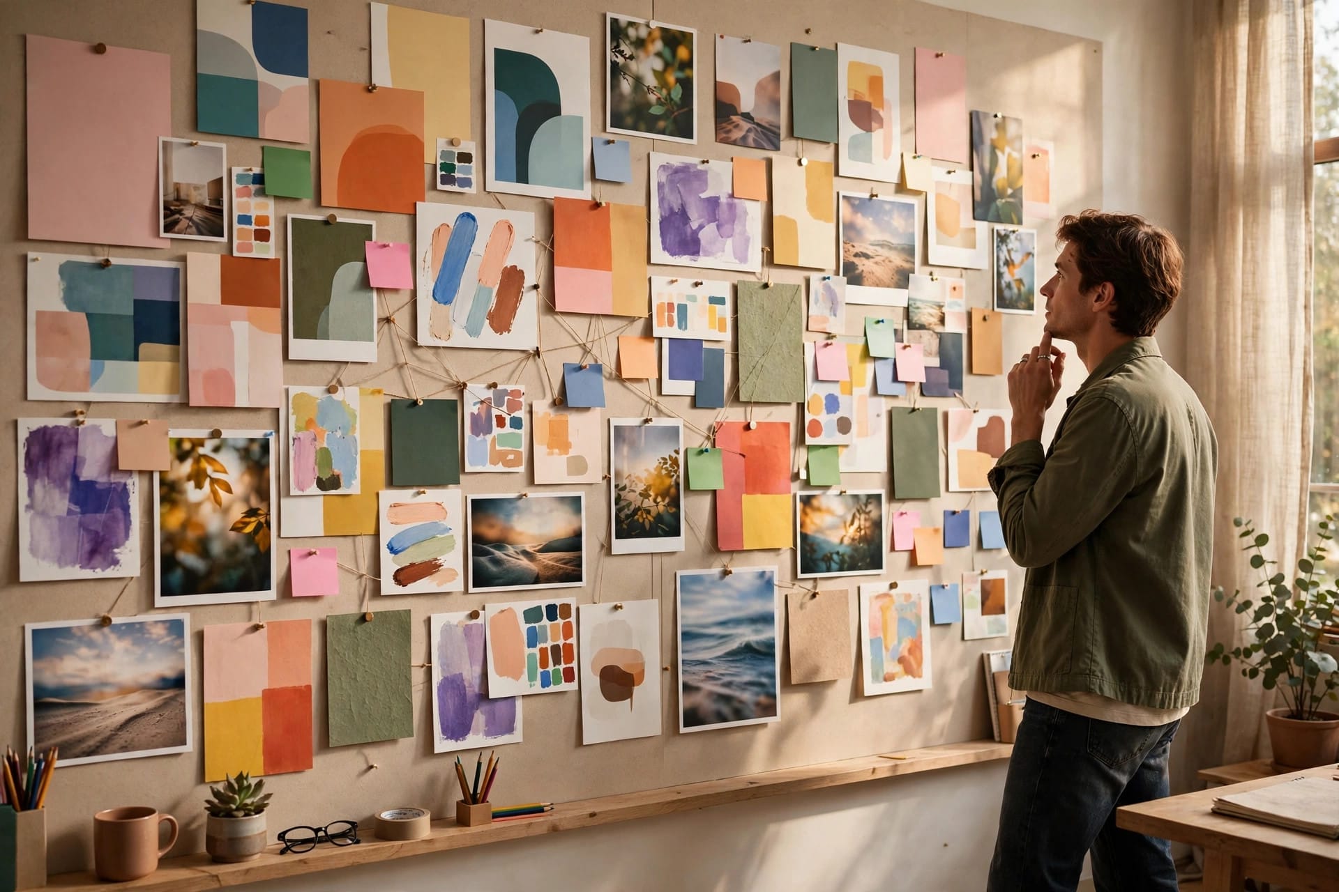 A person reviewing a campaign planning board with colourful visuals
