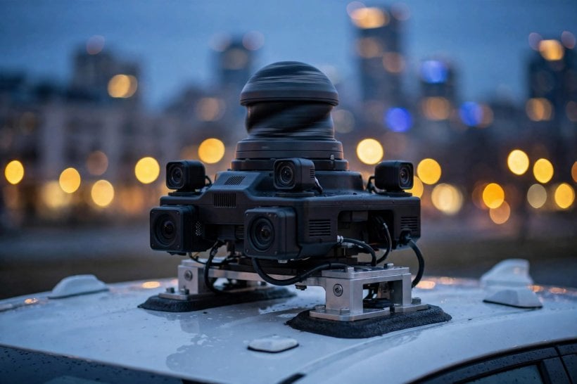 Close-up of an autonomous vehicle sensor suite on a car roof, representing the Bolt and Greater Paris 2028 robotaxi pilot on Stellantis L4-Ready platforms and NVIDIA Hyperion
