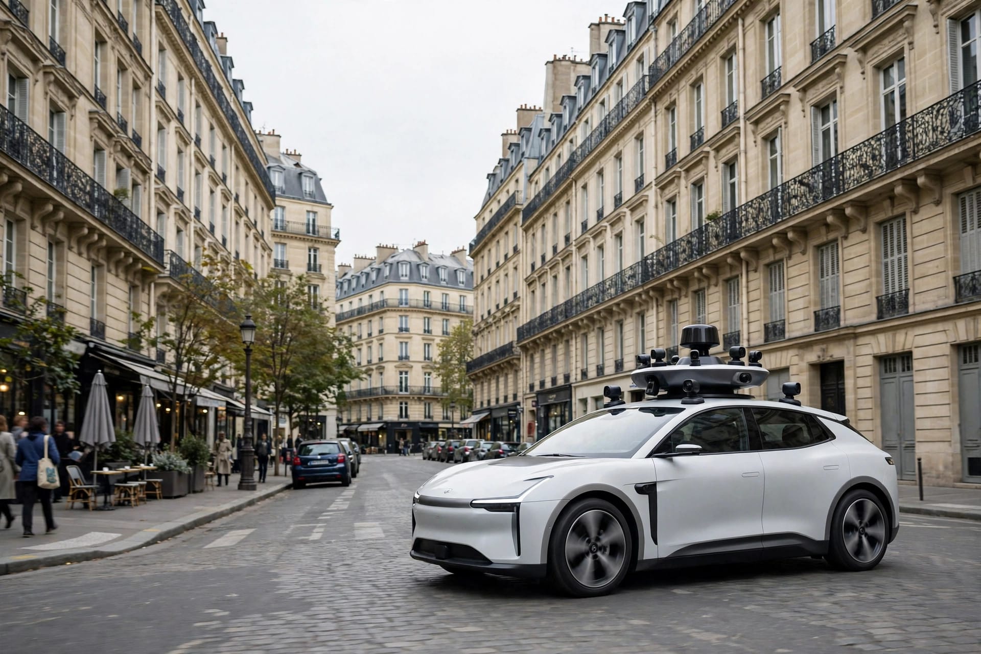 Autonomous car with rooftop sensor array on a Paris street, for Stellantis and its Wayve and NVIDIA autonomous driving partnerships in France