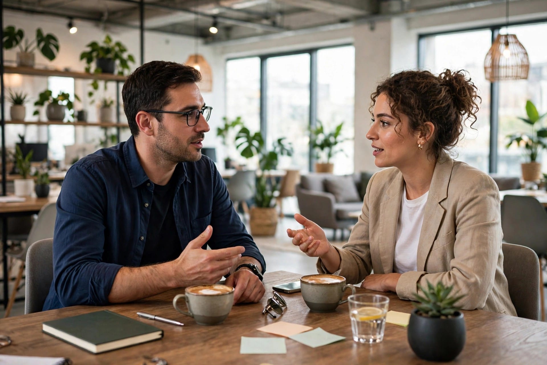 Two professionals discussing ideas over coffee at a modern coworking space