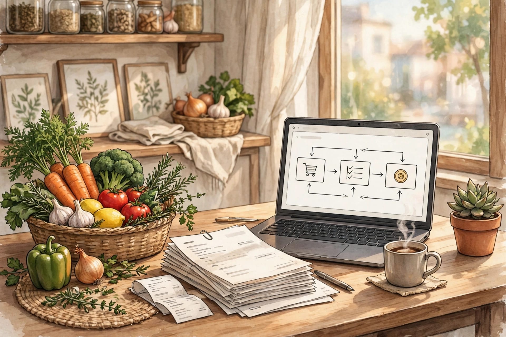 A food business office desk with invoices, fresh produce and a laptop showing a simple expense workflow
