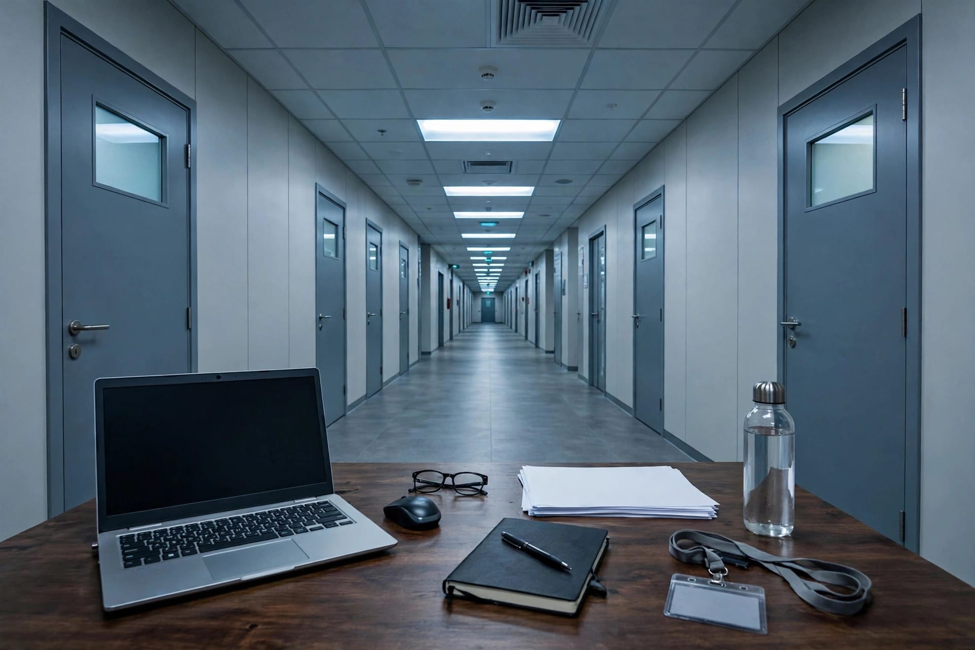 A laptop on a desk in a government office corridor, illustrating Sweden's decision to block ChatGPT and Claude on staff computers