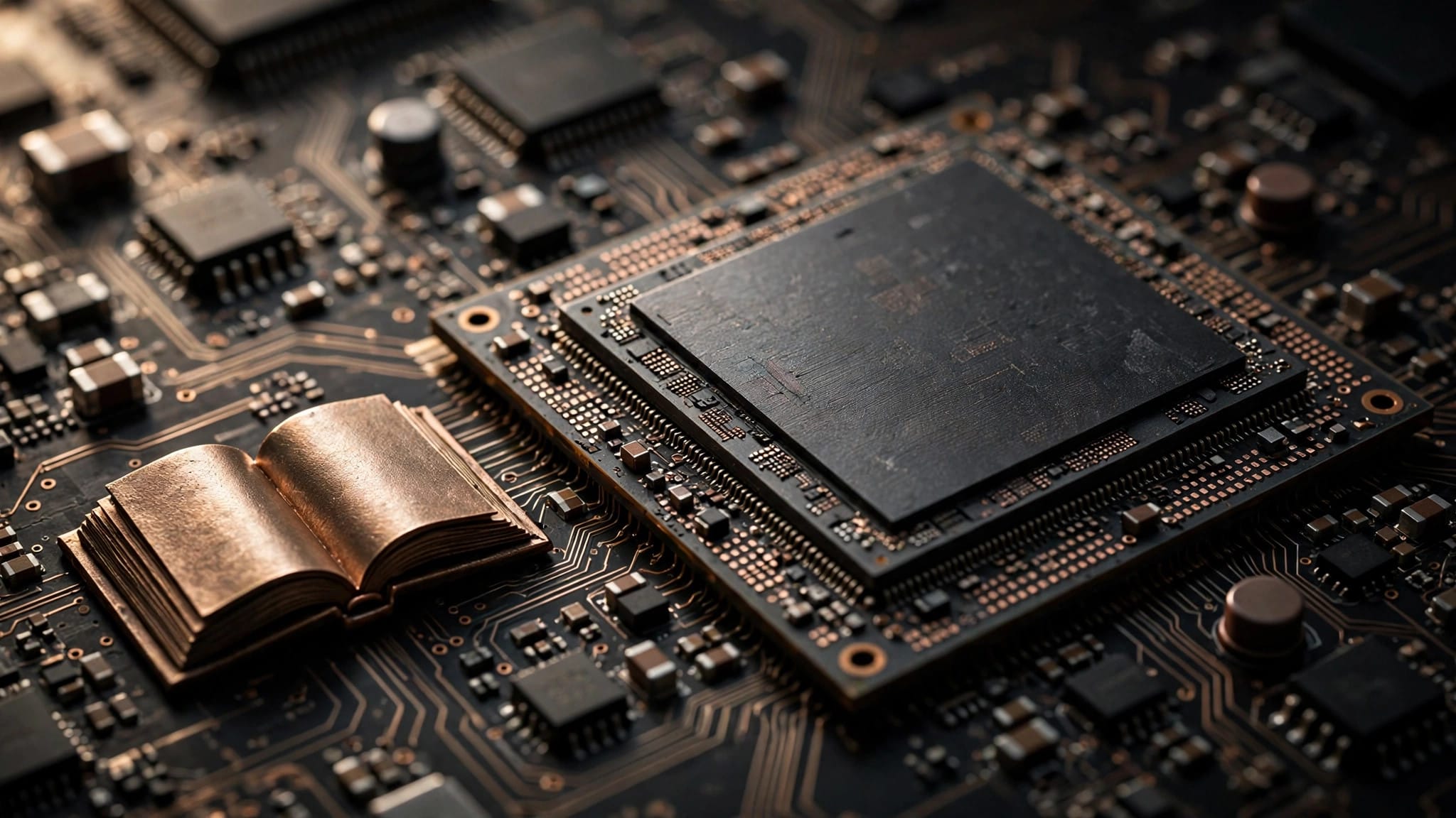 Tenstorrent AI accelerator chip on a circuit board beside an open book symbolising its open RISC-V architecture