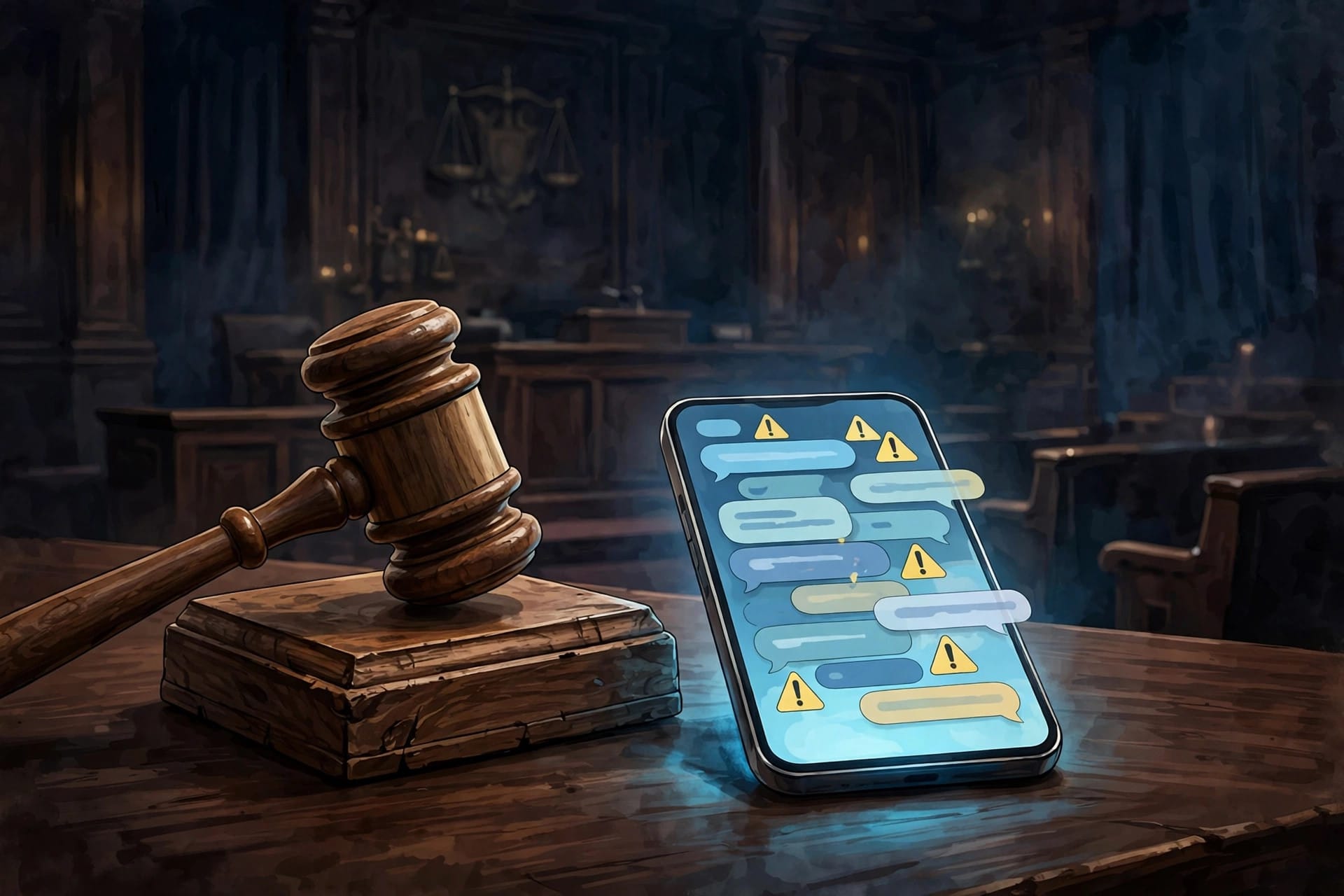 Judges gavel beside a glowing smartphone showing an abstract chat conversation interface with warning triangles in a dark courtroom