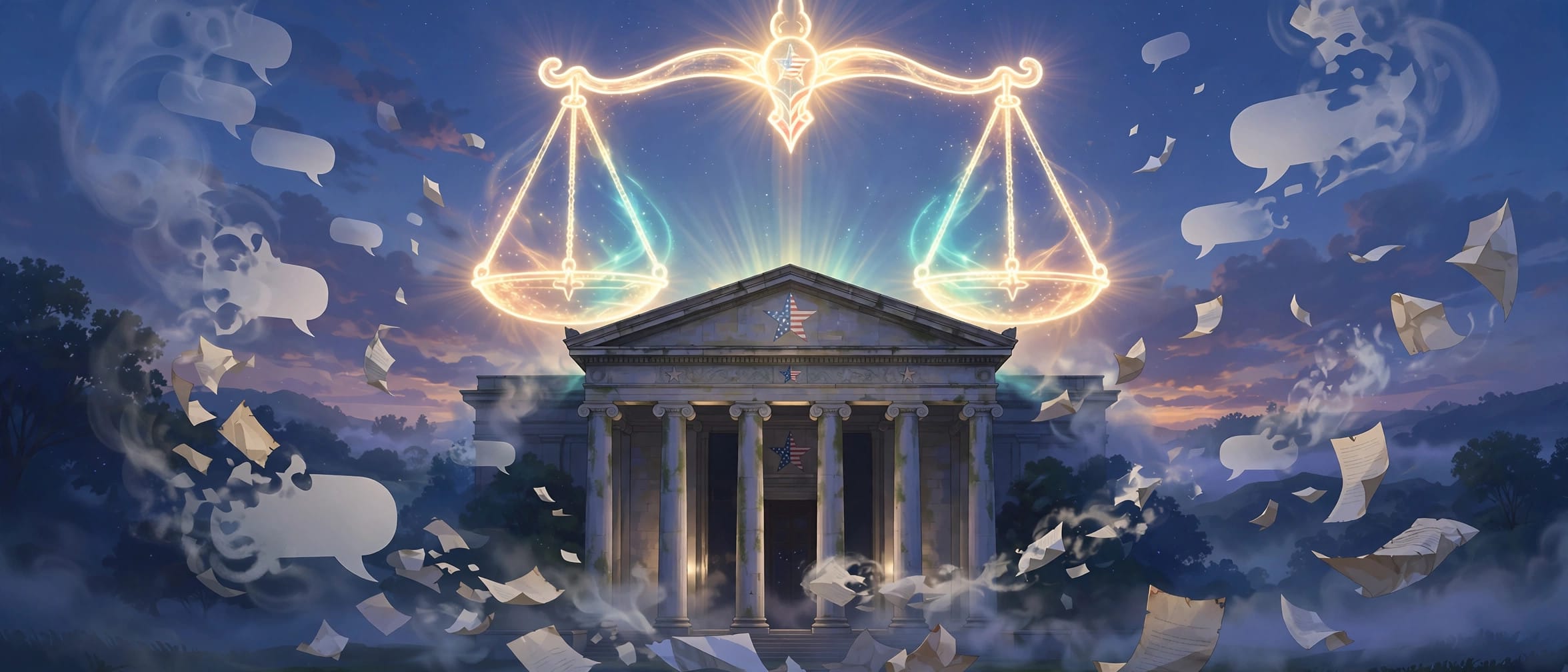 Neoclassical courthouse at dusk under a glowing scales-of-justice symbol, chat bubbles and court papers floating around it