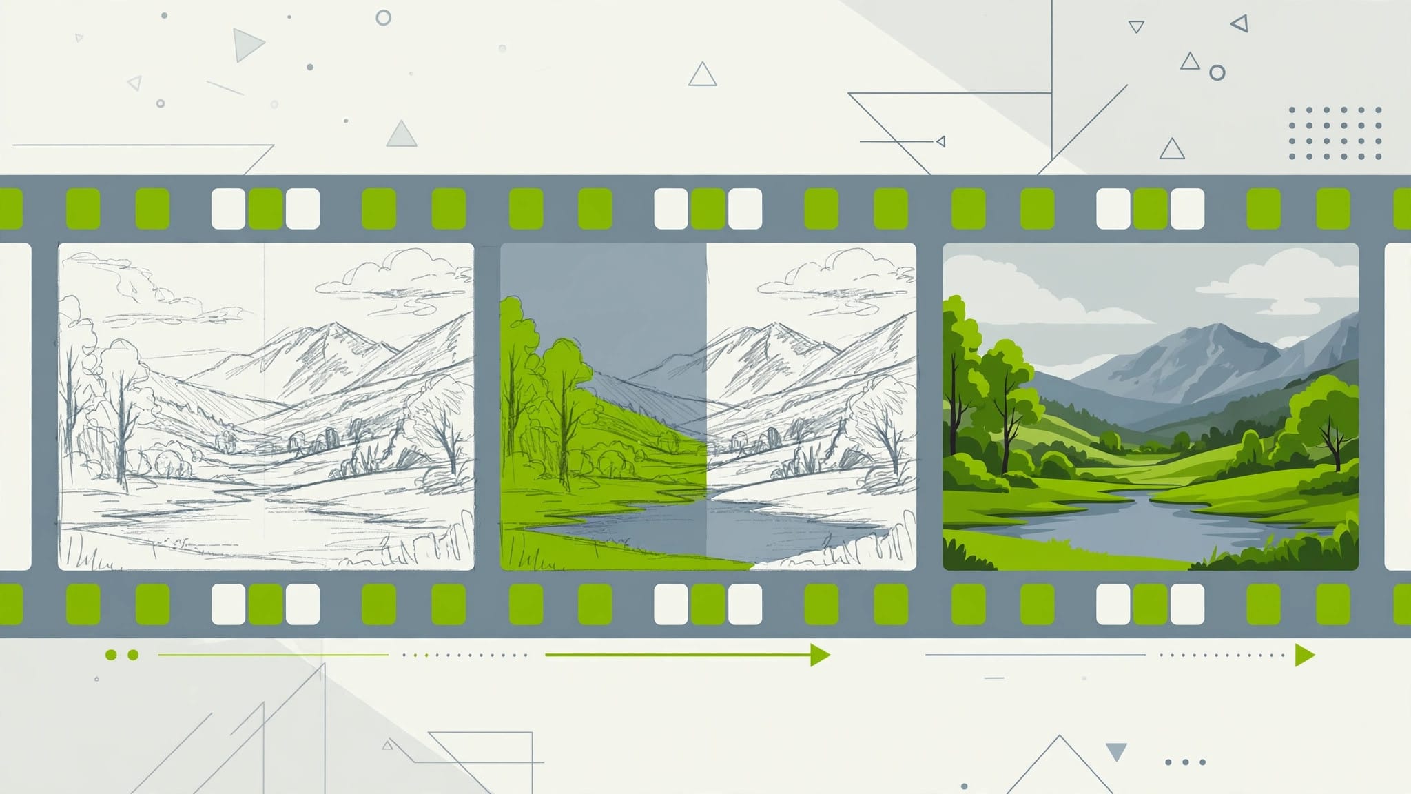 Illustration of film frames progressing from sketch to full colour, representing how AI video models refine frames