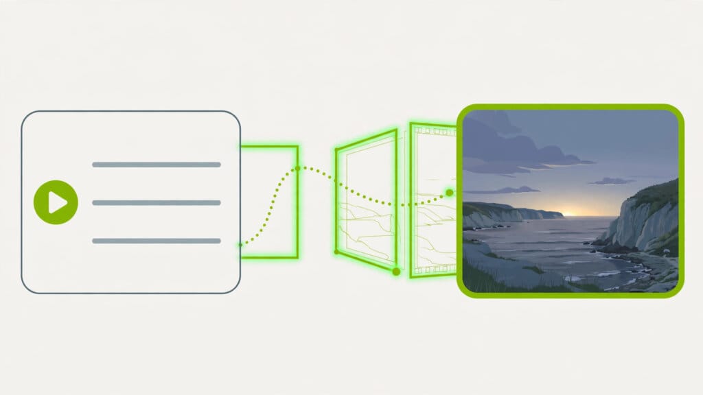 Illustration of a text prompt panel transforming into a cinematic coastline film scene, representing text-to-video generation