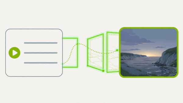 Illustration of a text prompt panel transforming into a cinematic coastline film scene, representing text-to-video generation