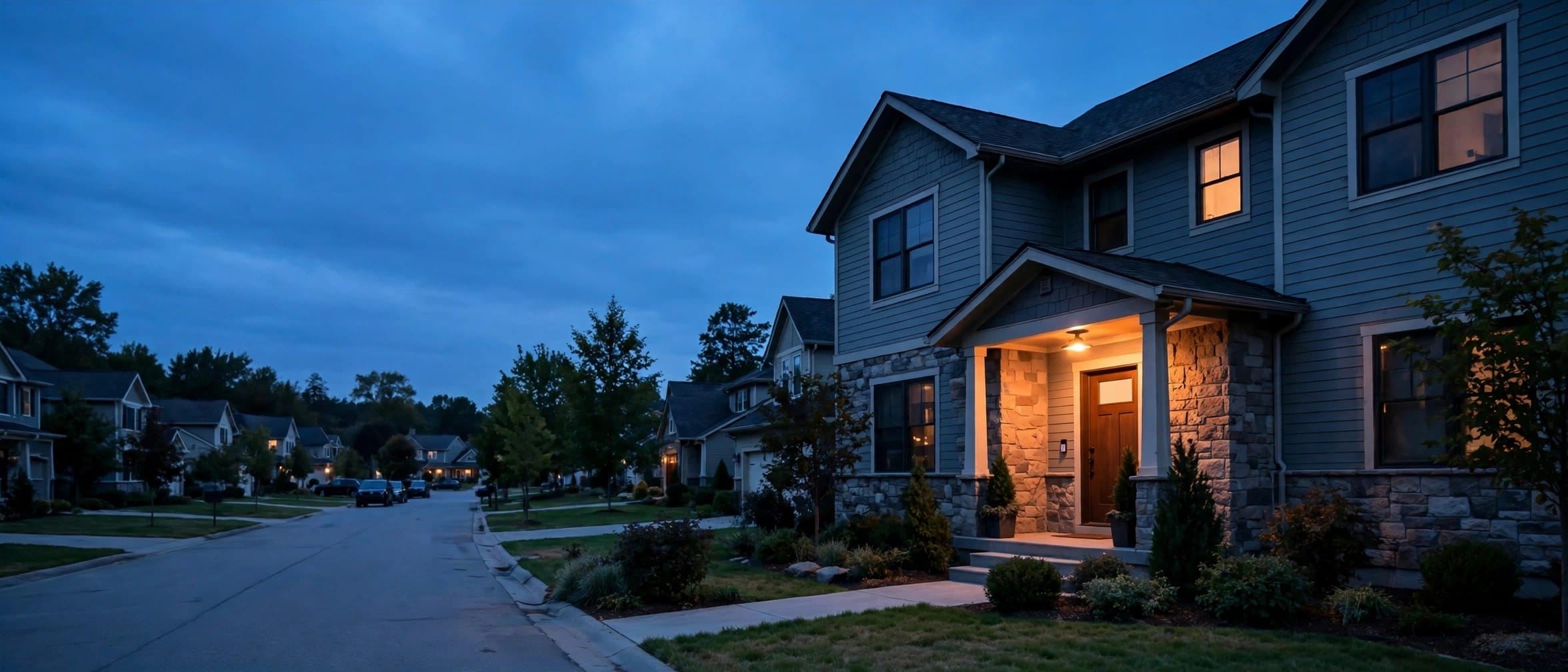Suburban house at dusk with a warm porch light glowing over the front door