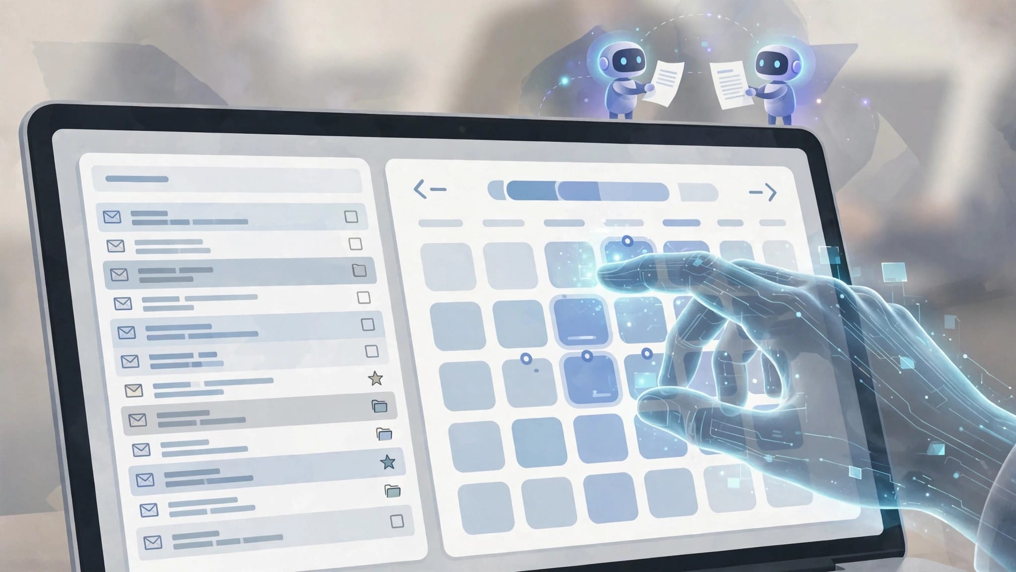 AI assistant hand organising an email inbox and calendar on a laptop while two assistant robots exchange a document
