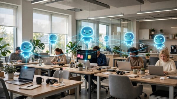 Office team whose AI assistants hover above their desks linked in a glowing network for Town