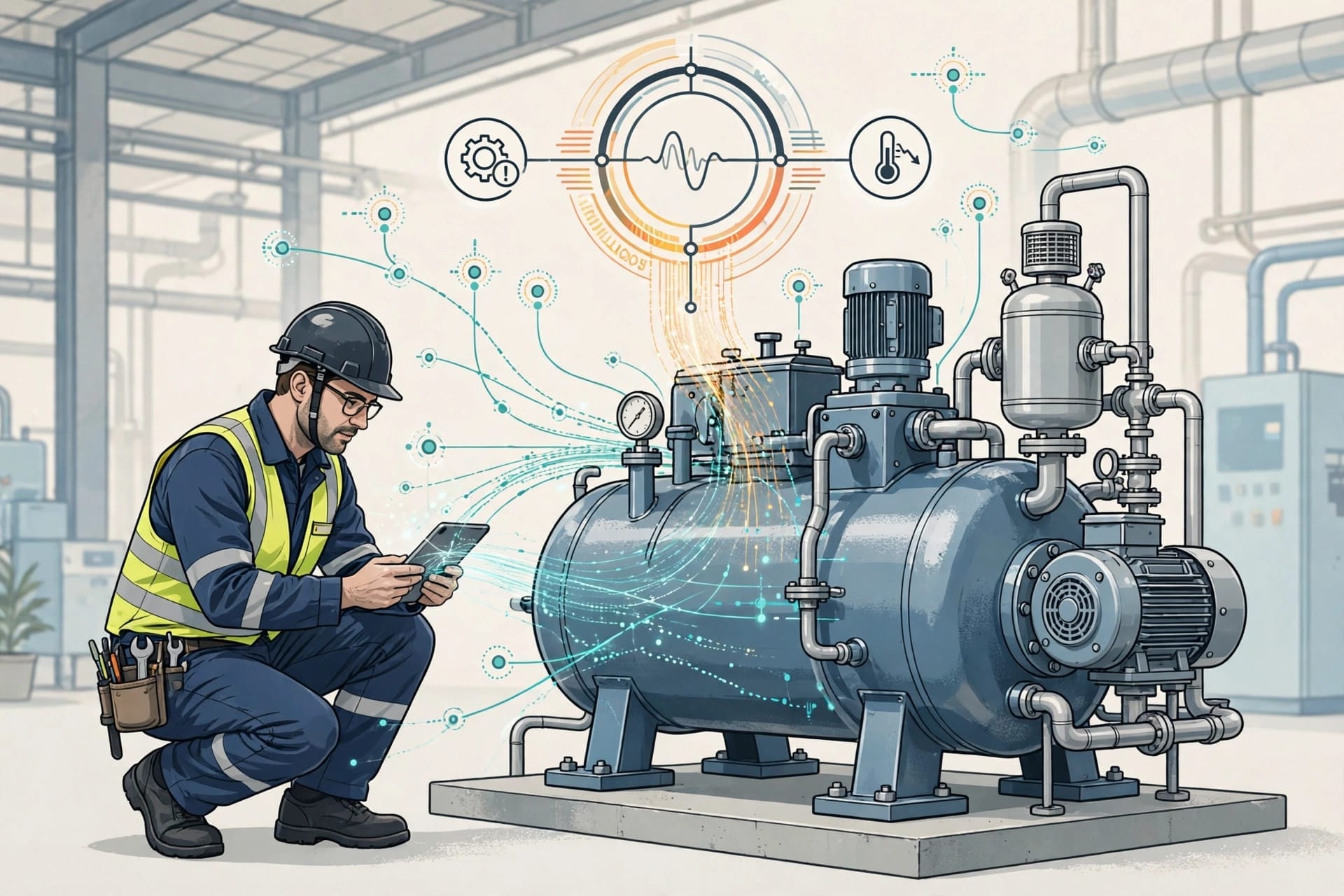 Technician reviewing a Tractian machine-health diagnosis beside an industrial compressor
