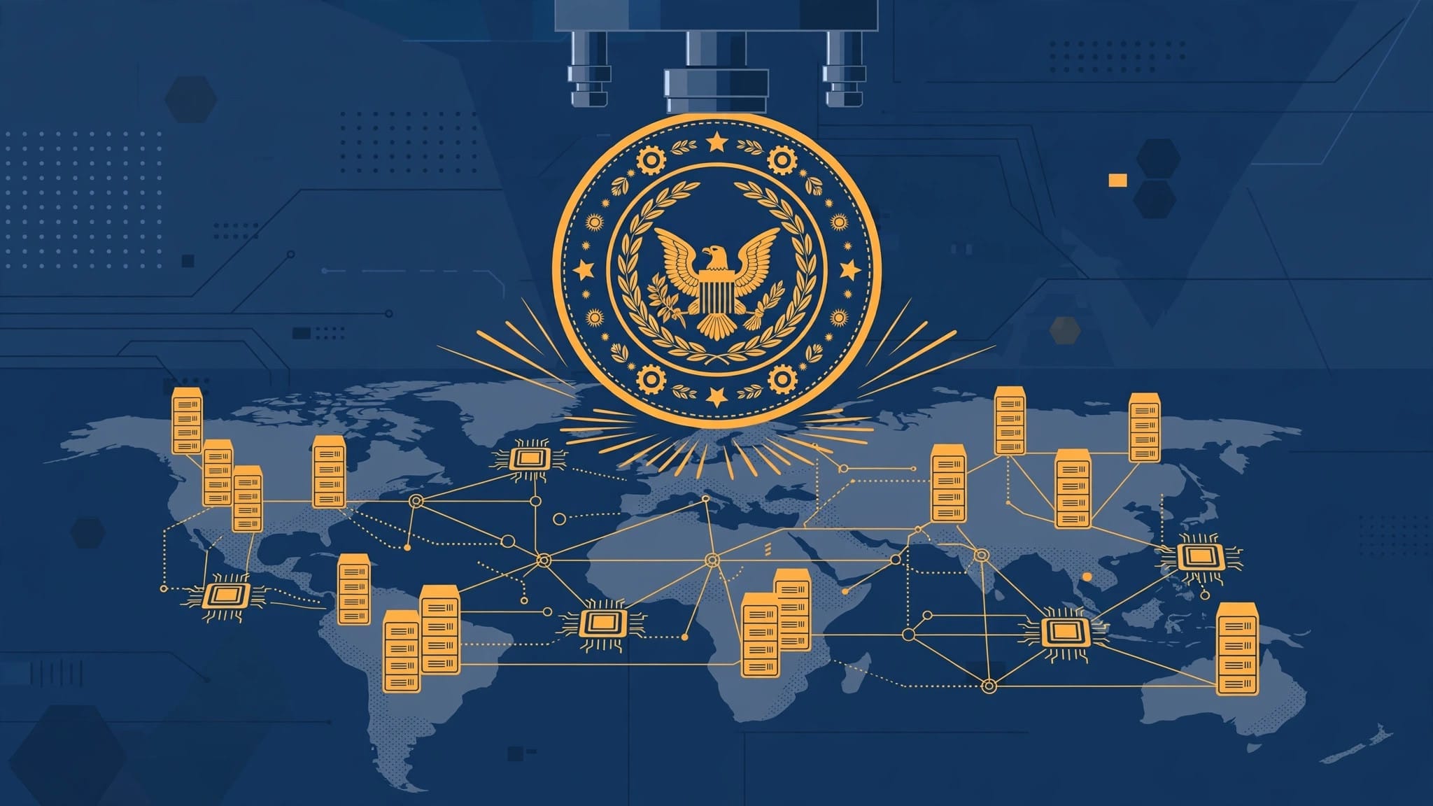Government seal over server racks and AI processors worldwide, illustrating the COINS Act proposed rule