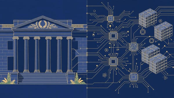 US Treasury building with AI microchips and supercomputer networks, illustrating the outbound investment proposal