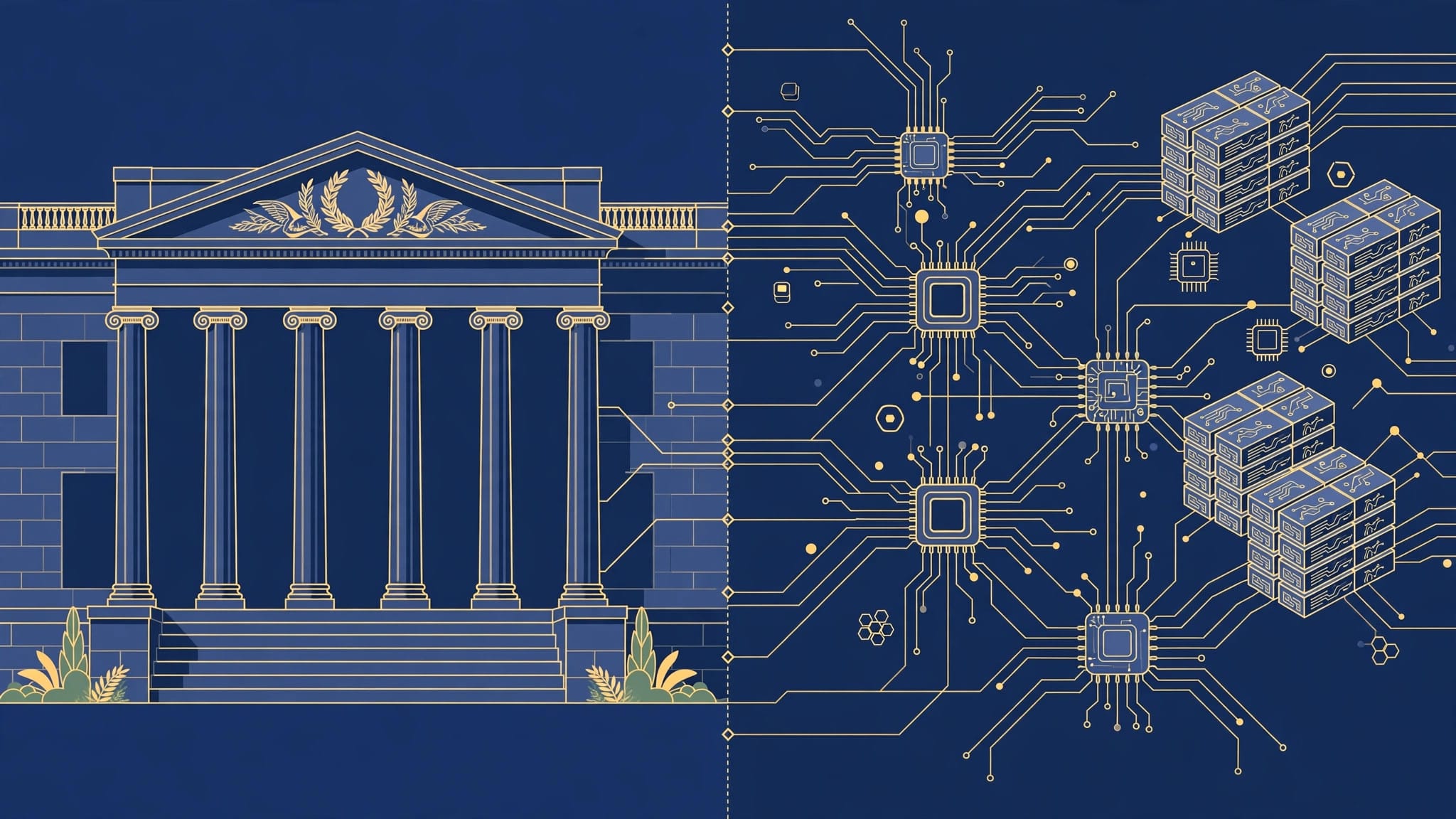 US Treasury building with AI microchips and supercomputer networks, illustrating the outbound investment proposal