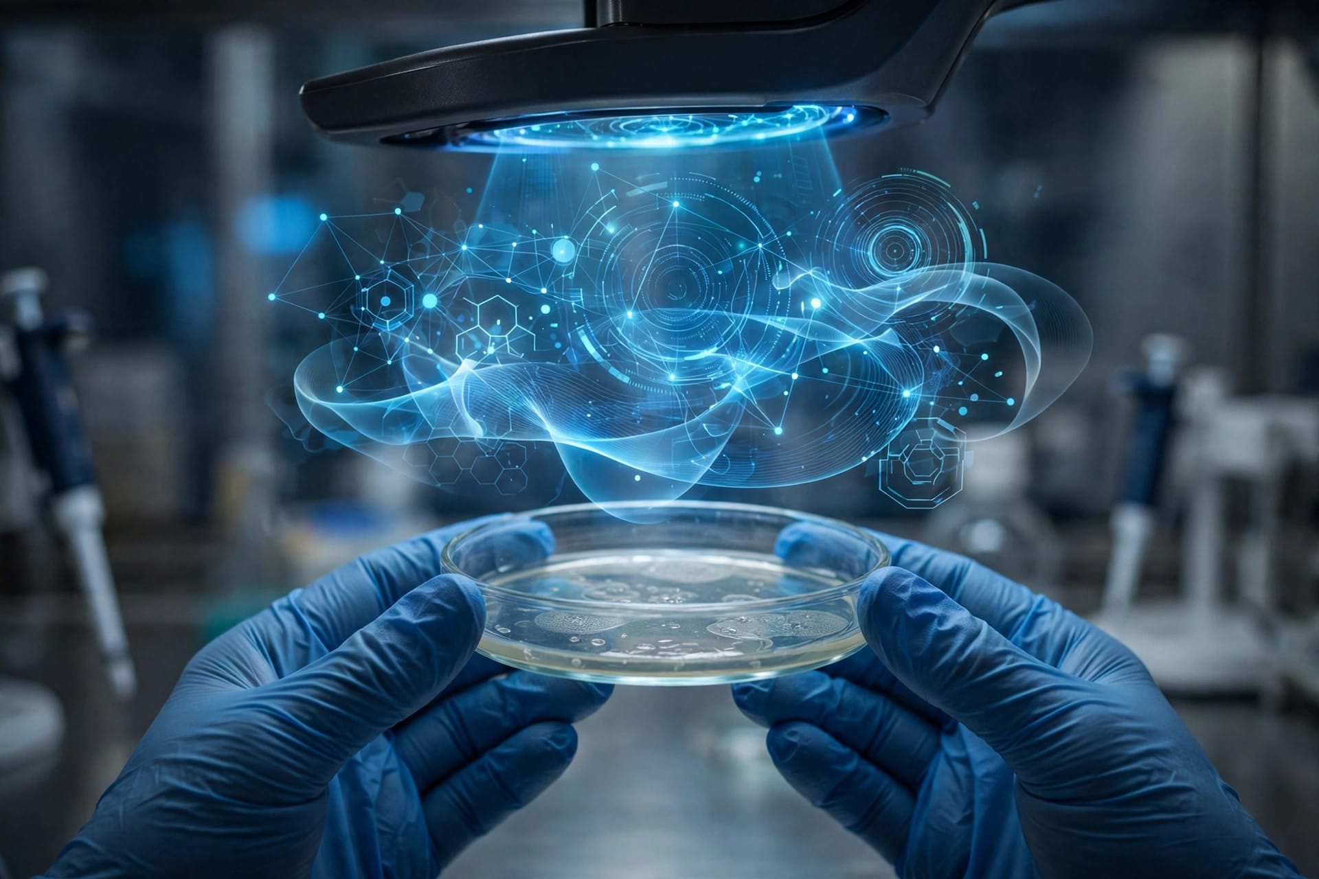 Gloved hands hold a petri dish under a scanner projecting a holographic analysis overlay — illustrating AI-driven pathogen detection at the new AI Biosecurity Lab