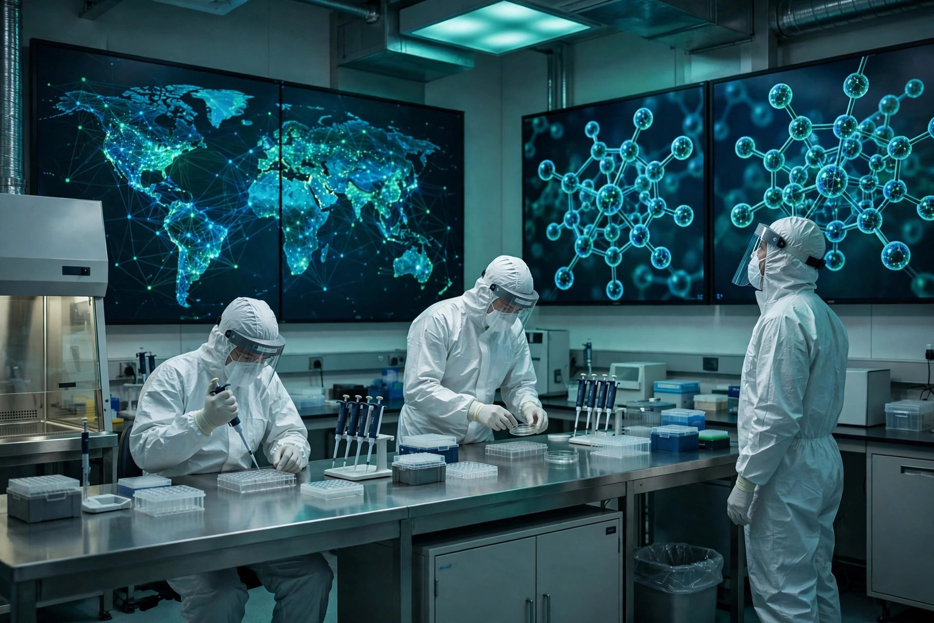 Scientists in protective suits work in a biosecurity lab with threat-detection maps and molecular structures on wall screens — illustrating the UK new AI Biosecurity Lab
