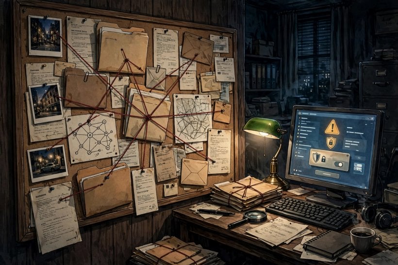 Detective evidence board with case files and a computer monitor showing a data privacy warning