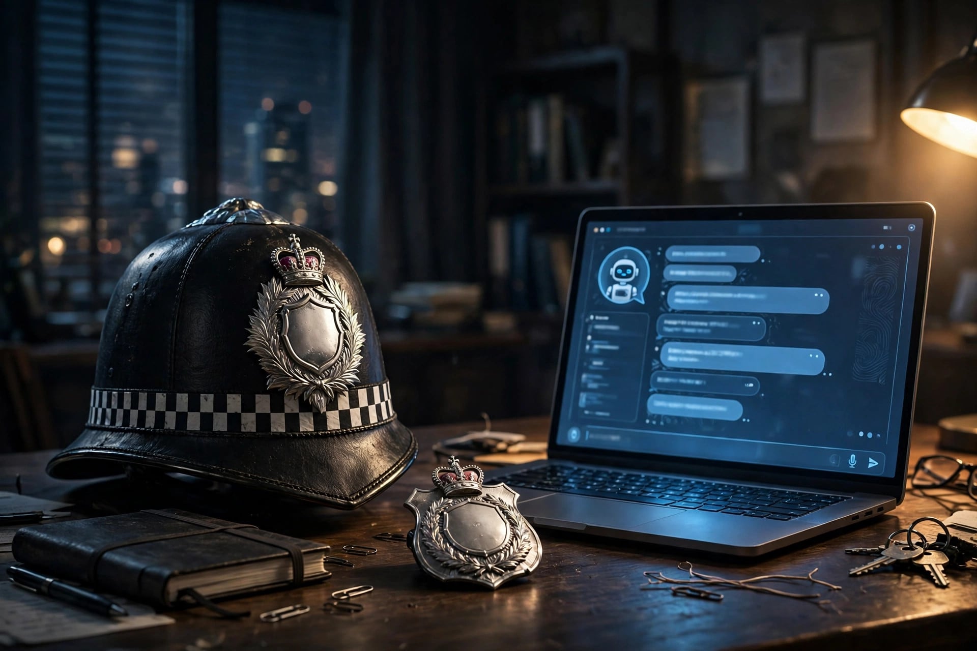 British police helmet and badge on a desk beside a laptop showing an AI assistant chat window