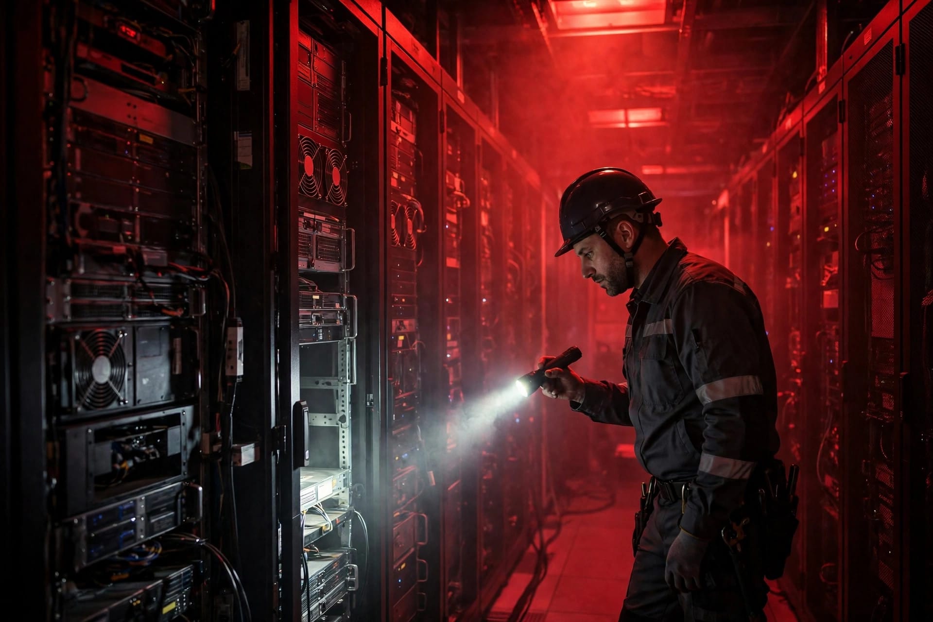 A technician in a hard hat inspecting server racks under red emergency lighting inside a dark data centre hall