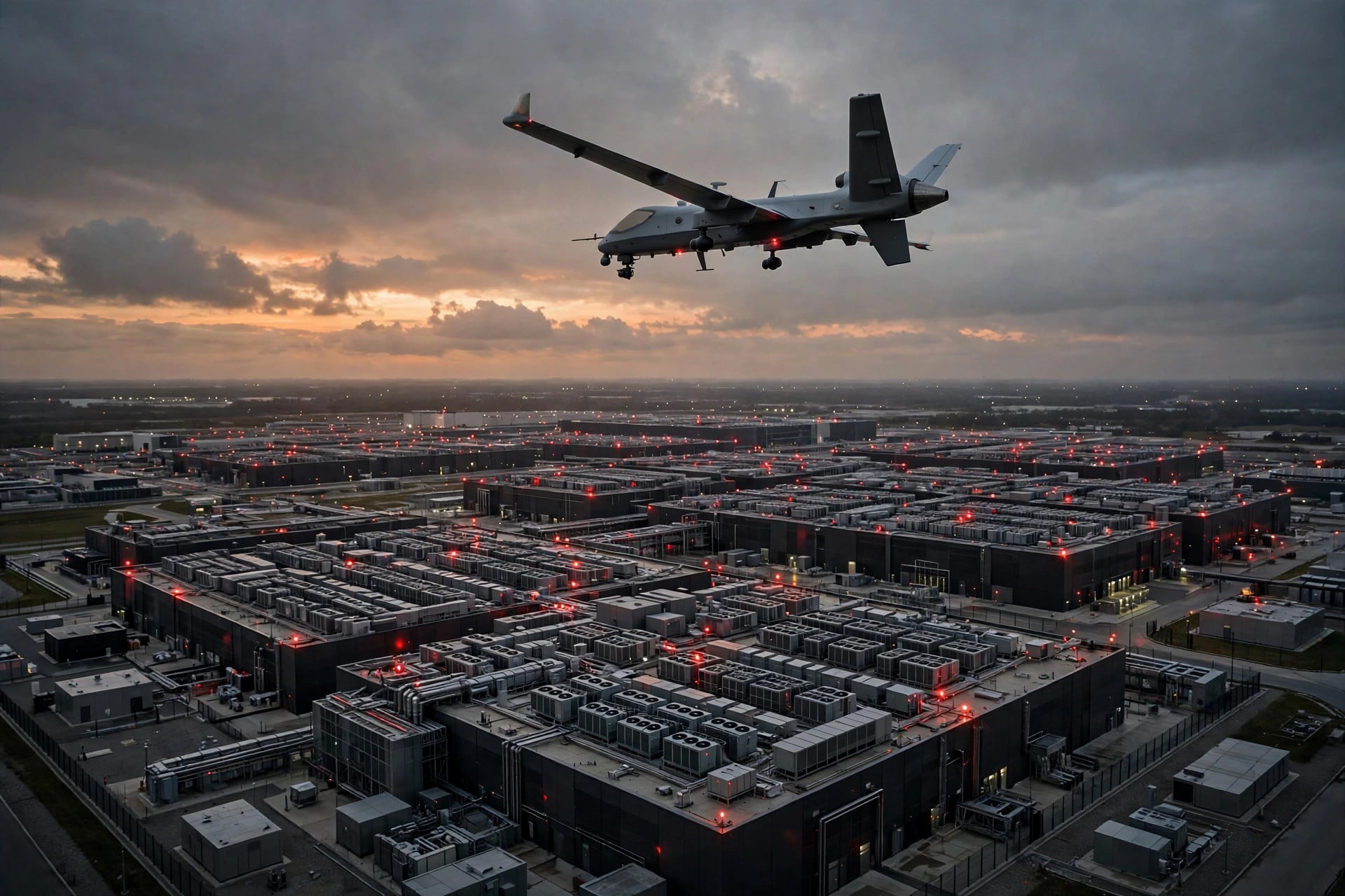A military drone flying at dusk above a large data centre complex with rows of cooling units