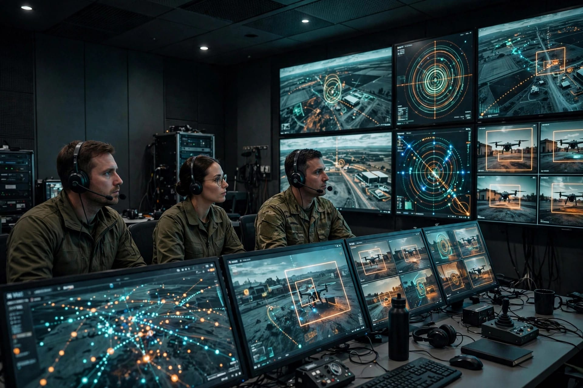 Military command screens showing AI target identification and drone operations watched by human operators
