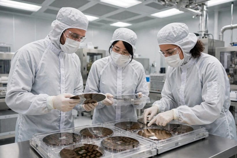 Engineers in a semiconductor cleanroom examining silicon wafers, illustrating the chip-delivery team NeuReality brings
