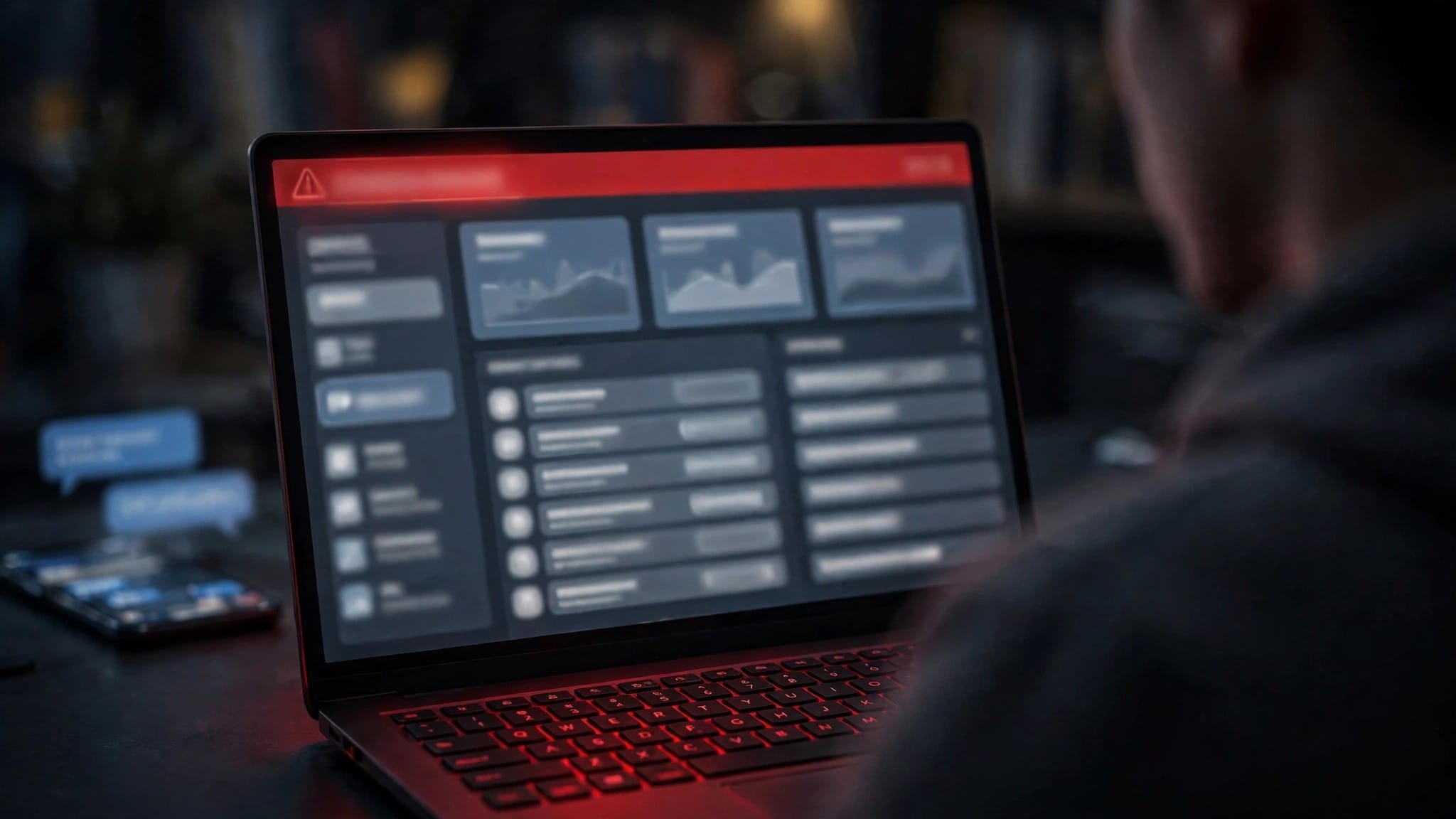 Laptop showing an online banking dashboard with a red security alert banner after unvetted AI agent activity was detected