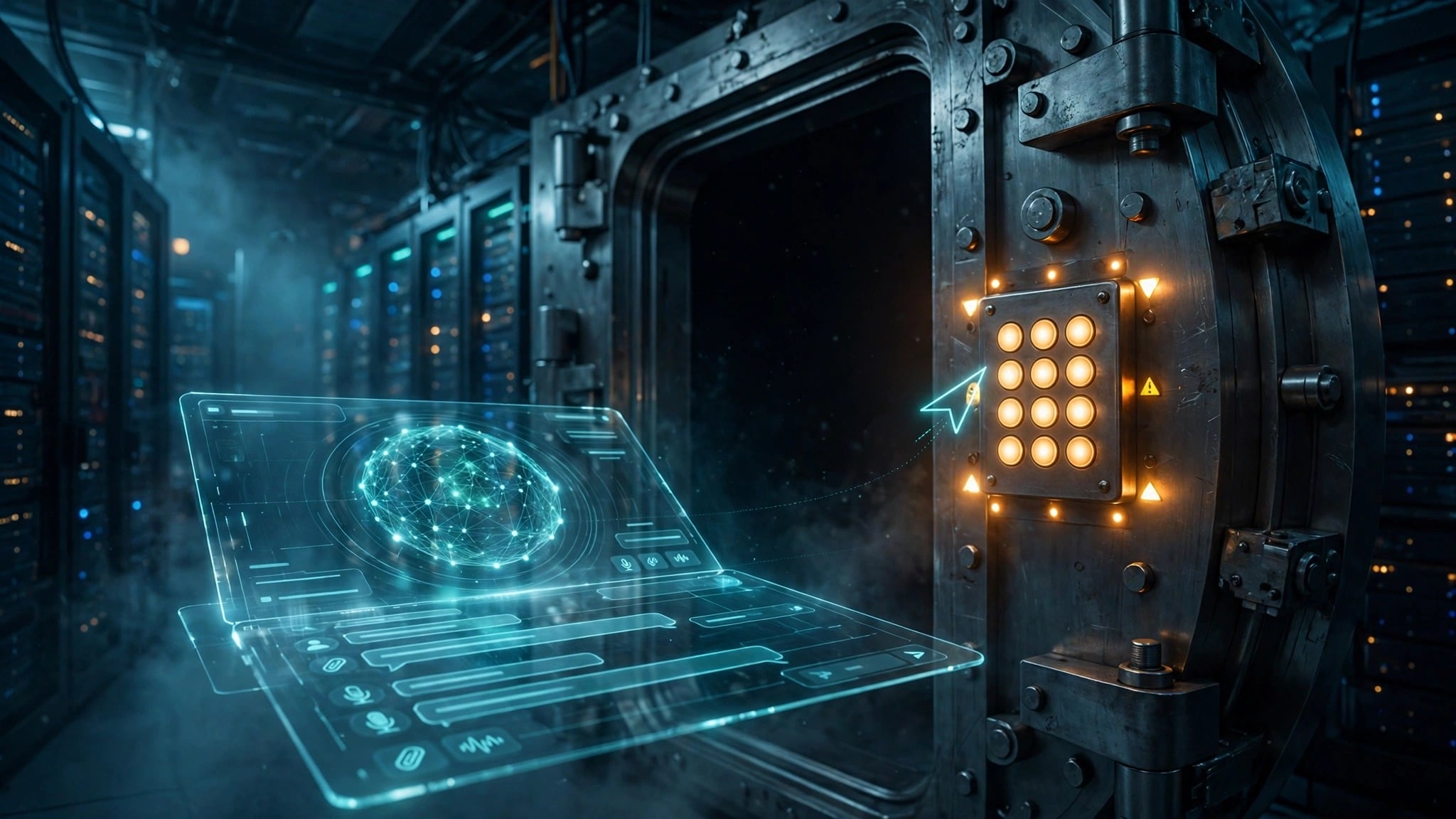 Holographic AI assistant interface attempting to log into a steel bank vault in a data center, illustrating unvetted AI agents accessing US bank accounts