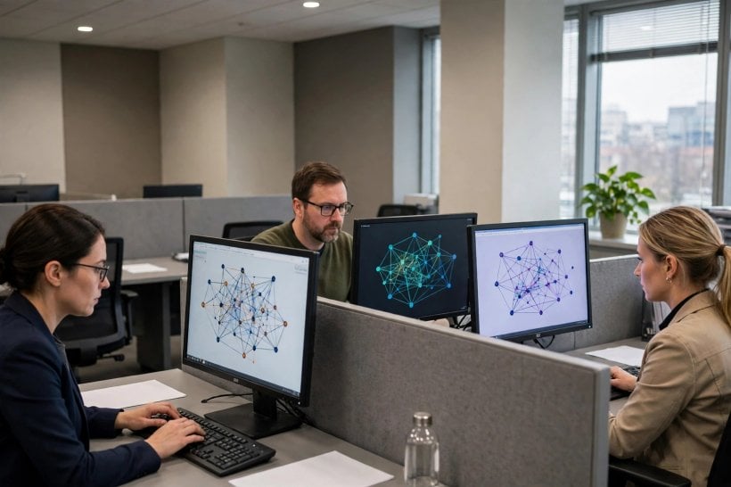 Analysts at office computers showing abstract network diagrams, illustrating AI cybersecurity standards work