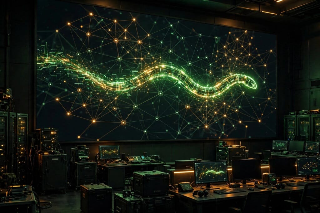 Army Cyber Command centre tracking ECHOTRIBBLE autonomous AI agent moving across a network