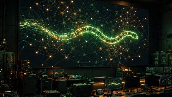 Army Cyber Command centre tracking ECHOTRIBBLE autonomous AI agent moving across a network
