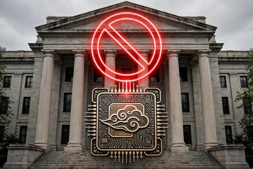 US federal building with a prohibition sign over a DeepSeek AI chip logo for the DHS removal order