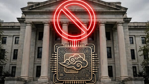 US federal building with a prohibition sign over a DeepSeek AI chip logo for the DHS removal order