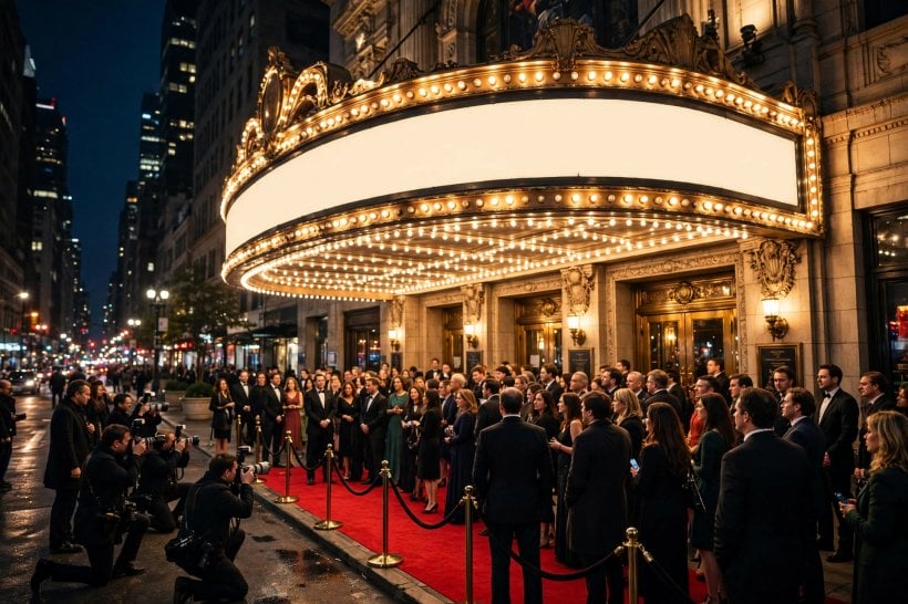 Movie theater marquee glowing at night with a crowd gathered for a film premiere