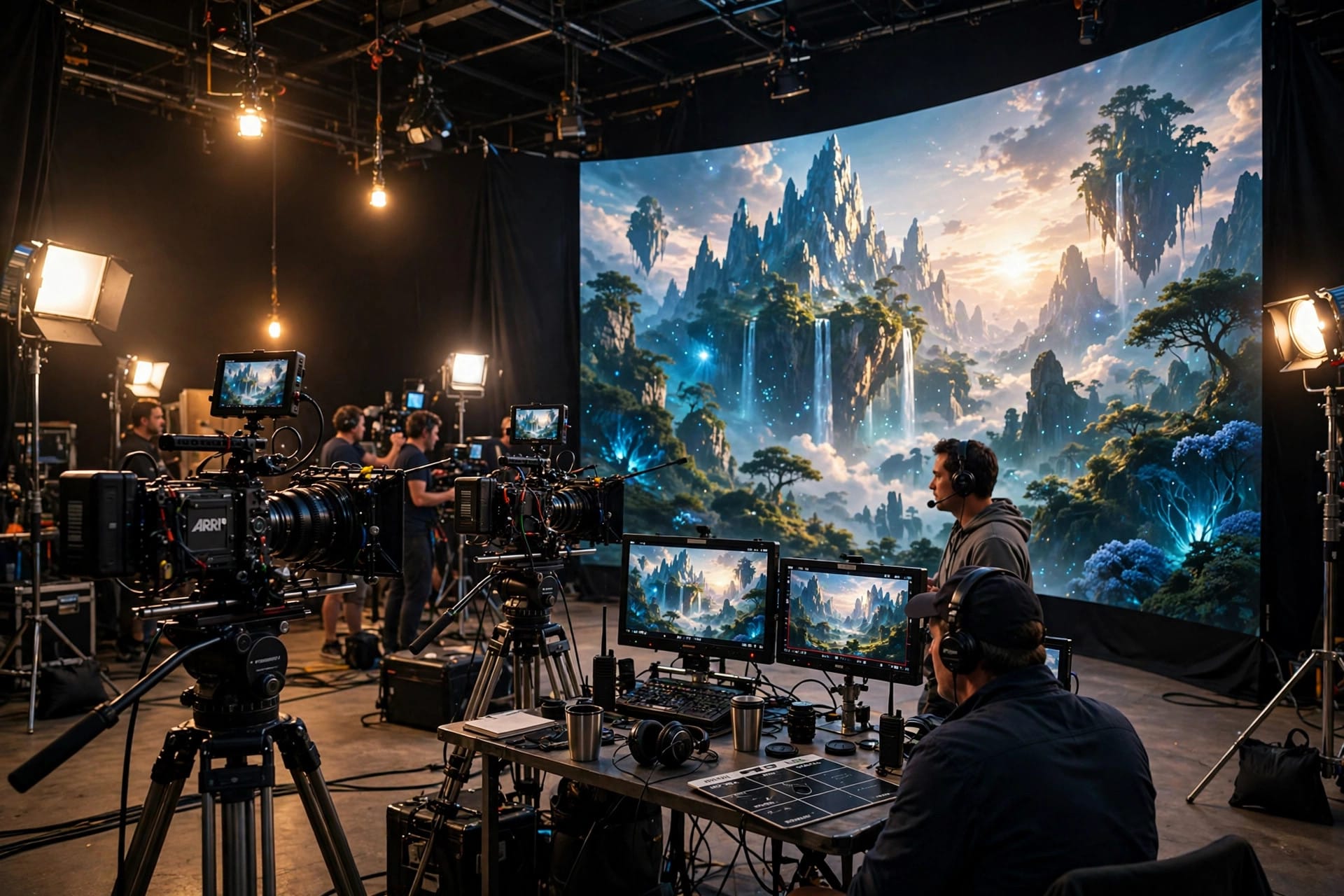 Film studio set with professional cameras filming an AI-generated fantasy landscape on a large screen