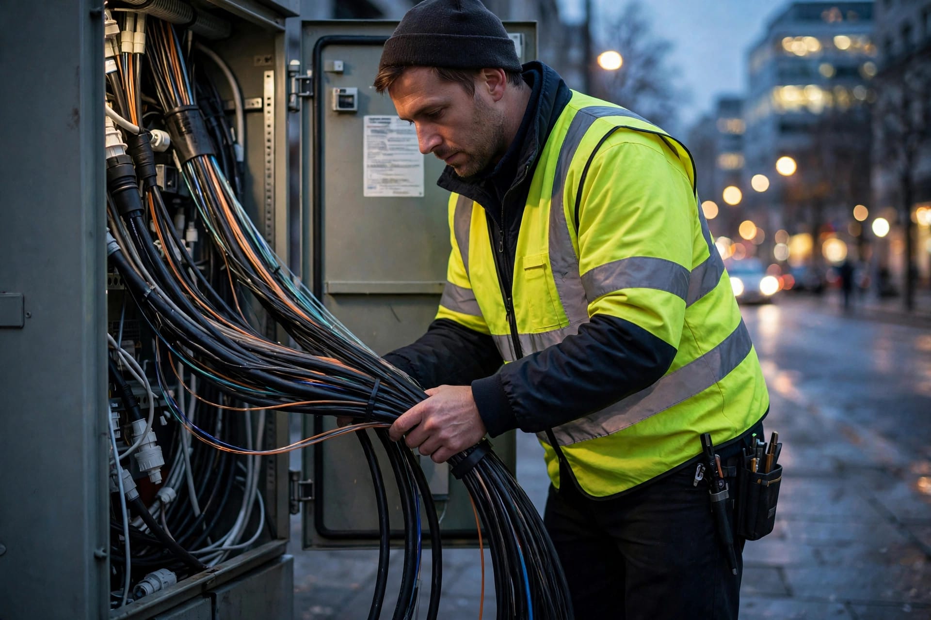 Telecom worker inspecting fiber-optic cables at a street cabinet at dusk