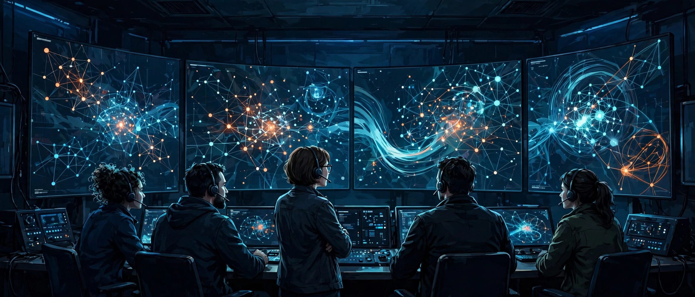 A security operations team monitoring abstract network threat maps on large screens