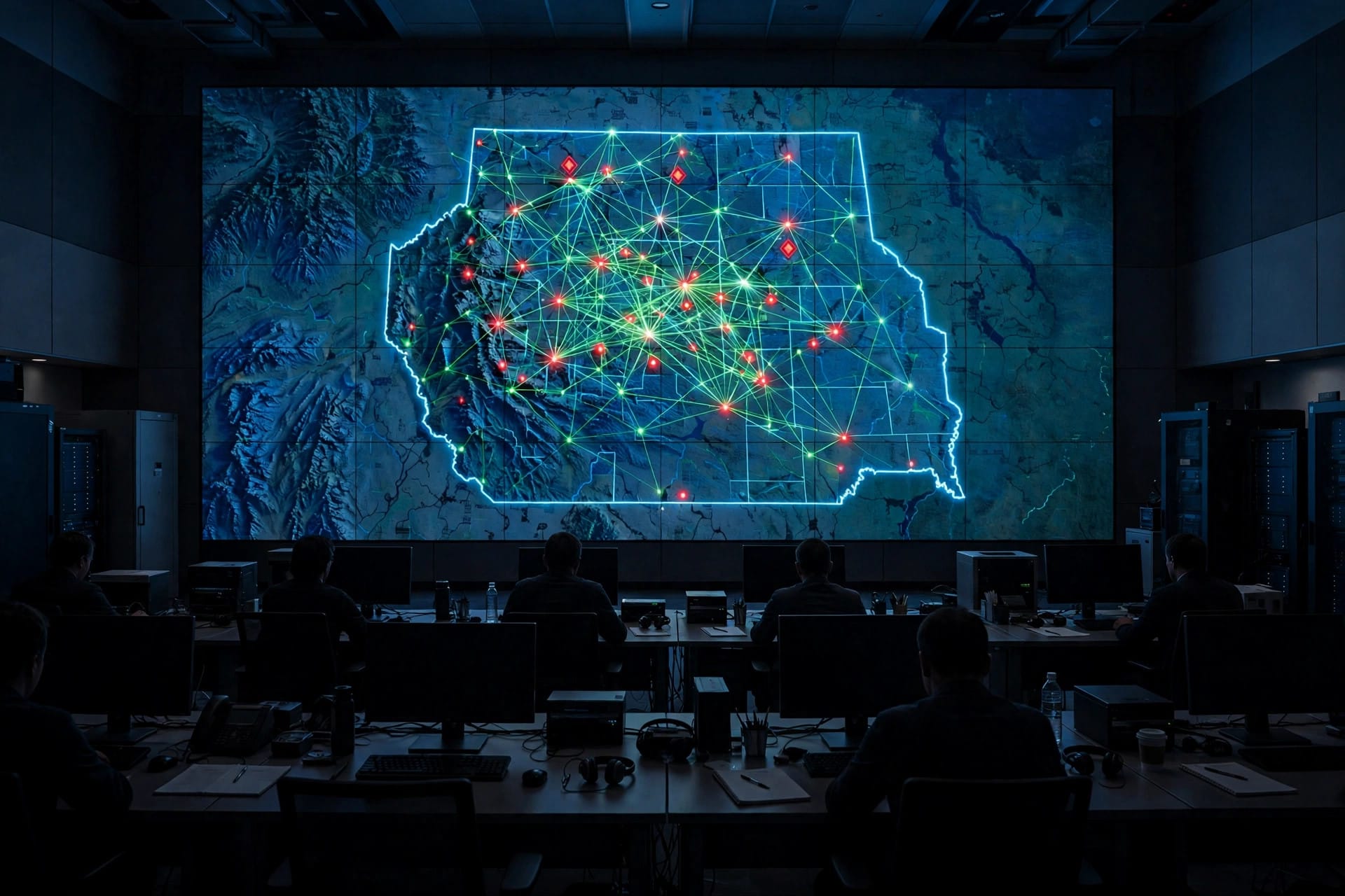 Emergency operations center with a wall map of Virginia marked with red cyber-threat alerts and green defensive network lines