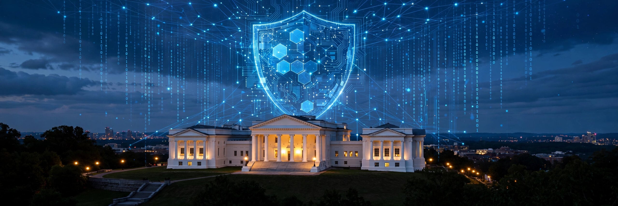 Virginia State Capitol at dusk beneath a glowing blue digital shield and binary streams, illustrating Governor Spanberger's statewide AI cyberattack plan