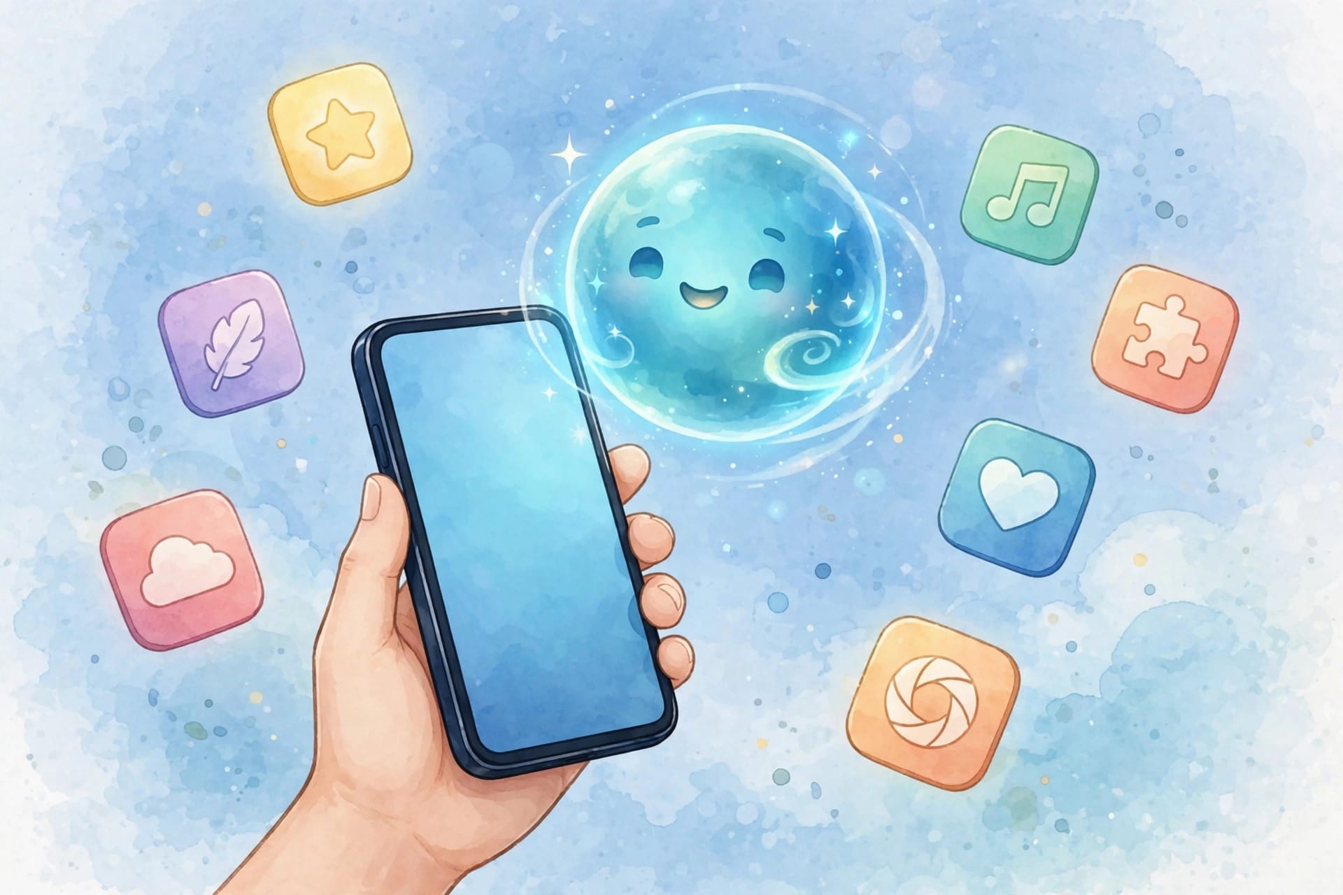 Hand holding a phone beside a friendly glowing assistant orb and colourful app tiles